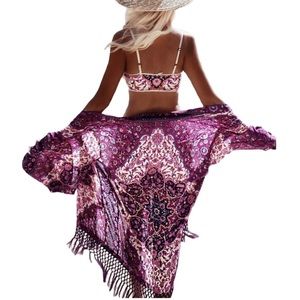 Fringe Kimono Swim Cover Up Purple Boho New